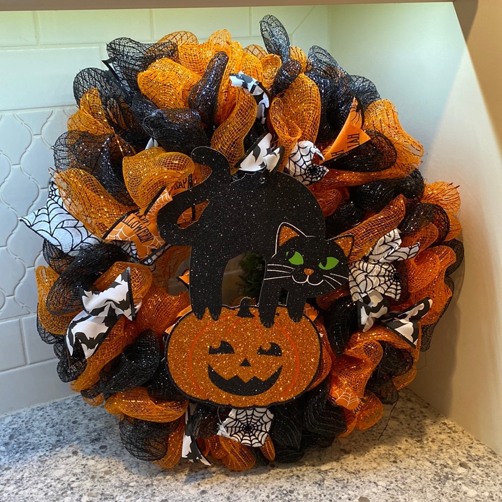 Halloween Decor Mesh door wreath black cat spooky Handmade décor pumpkin
